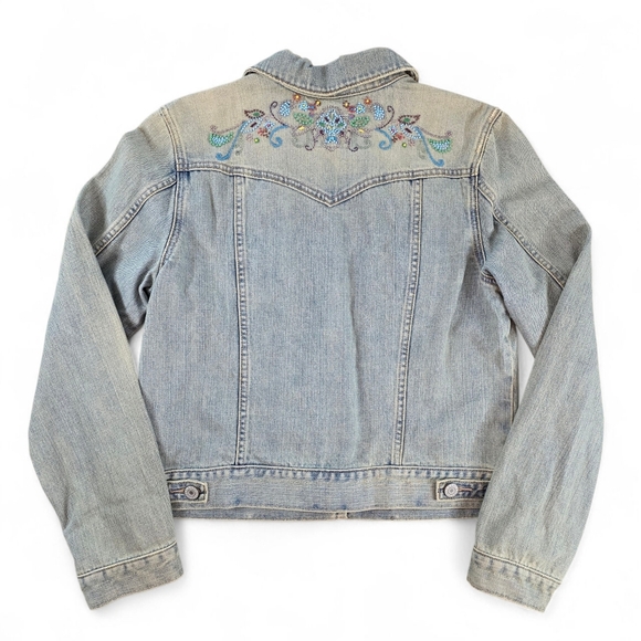 Y2K Vintage Old Navy Embroidered Beaded Distressed Denim Trucker Jacket – Size L - Picture 1 of 7